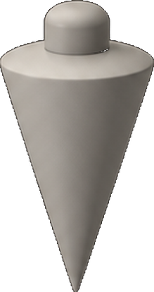 A plumb bob: a weight hanging point down